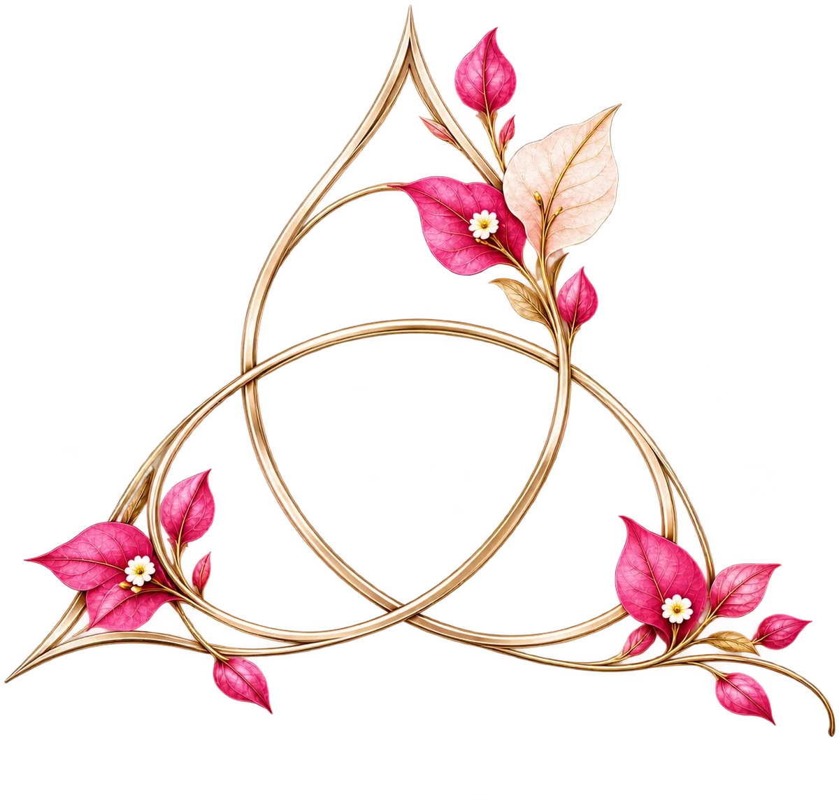 A trefoil knot entwined with bougainvillea, the emblem of Niloufer Zackria